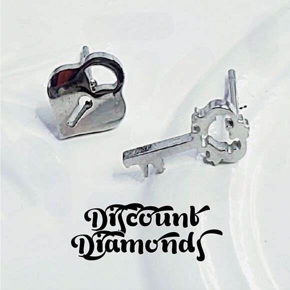 Silver Titanium Lock and Key Stud Pushback Earrings. - Picture 2 of 8